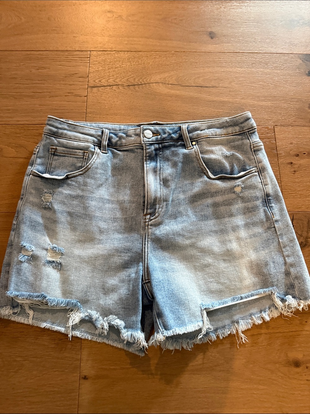 Risen by Wild Oak Boutique Light Blue Distressed Denim Women’s Shorts